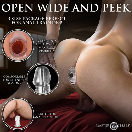 Master Series Dicked Clear Hollow Anal Plug Small with clear visibility for anal training.