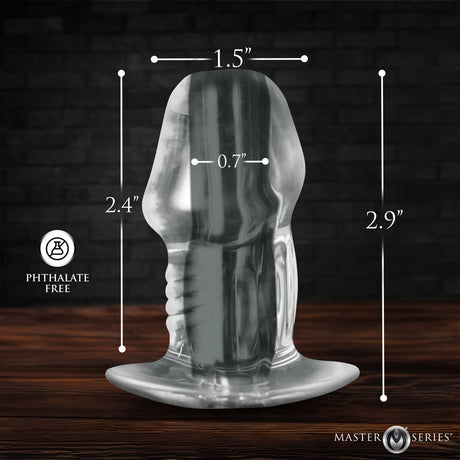 Master Series Dicked Clear Hollow Anal Plug Small dimensions display, featuring a transparent design and careful measurements.
