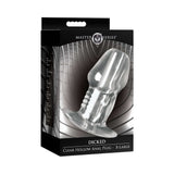 Master Series Dicked Clear Hollow Anal Plug XLarge packaging displayed on a black background.