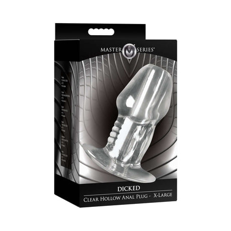 Master Series Dicked Clear Hollow Anal Plug XLarge packaging displayed on a black background.