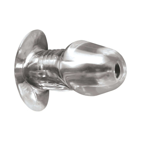 Master Series Dicked Clear Hollow Anal Plug XLarge shown from the side, highlighting its transparent and hollow design.