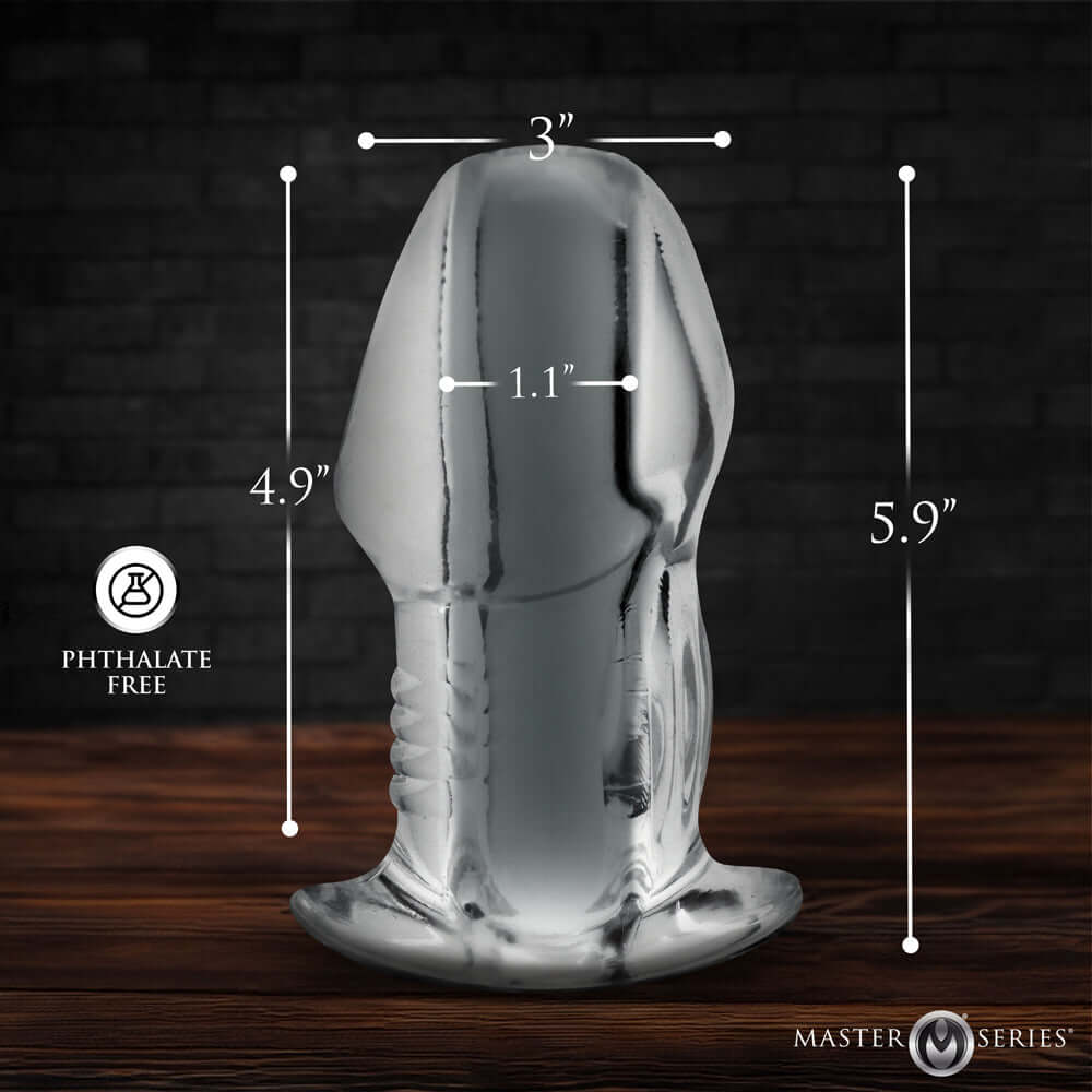 Master Series Dicked Clear Hollow Anal Plug XLarge dimensions image showing 3" width, 1.1" diameter, 4.9" height, and 5.9".