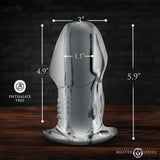 Master Series Dicked Clear Hollow Anal Plug XLarge dimensions image showing 3" width, 1.1" diameter, 4.9" height, and 5.9".
