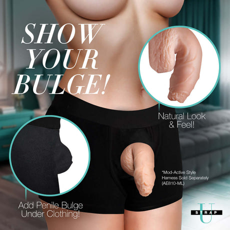 Strap U 5.1 inch Uncut Silicone Packer Dildo Light on model showcasing comfortable fit and natural bulge under clothing.