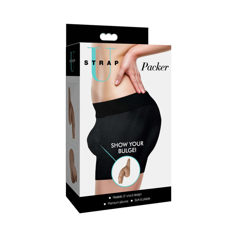 Strap U 5.1 inch Uncut Silicone Packer Dildo Medium packaging showcasing realistic design and comfort.