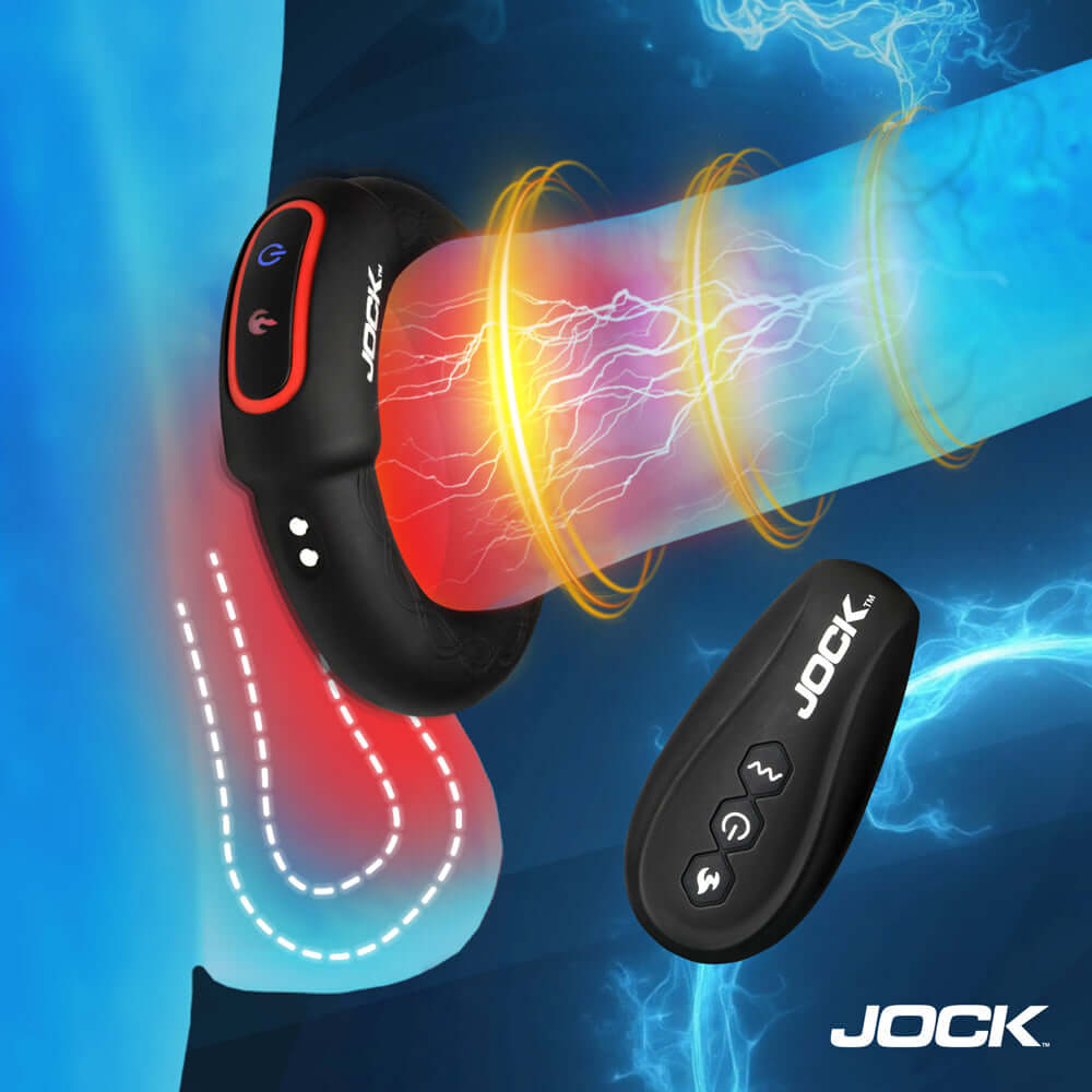 JOCK Rumbler 1.8 inch Vibrating & Warming C-Ring with remote control for enhanced stimulation.