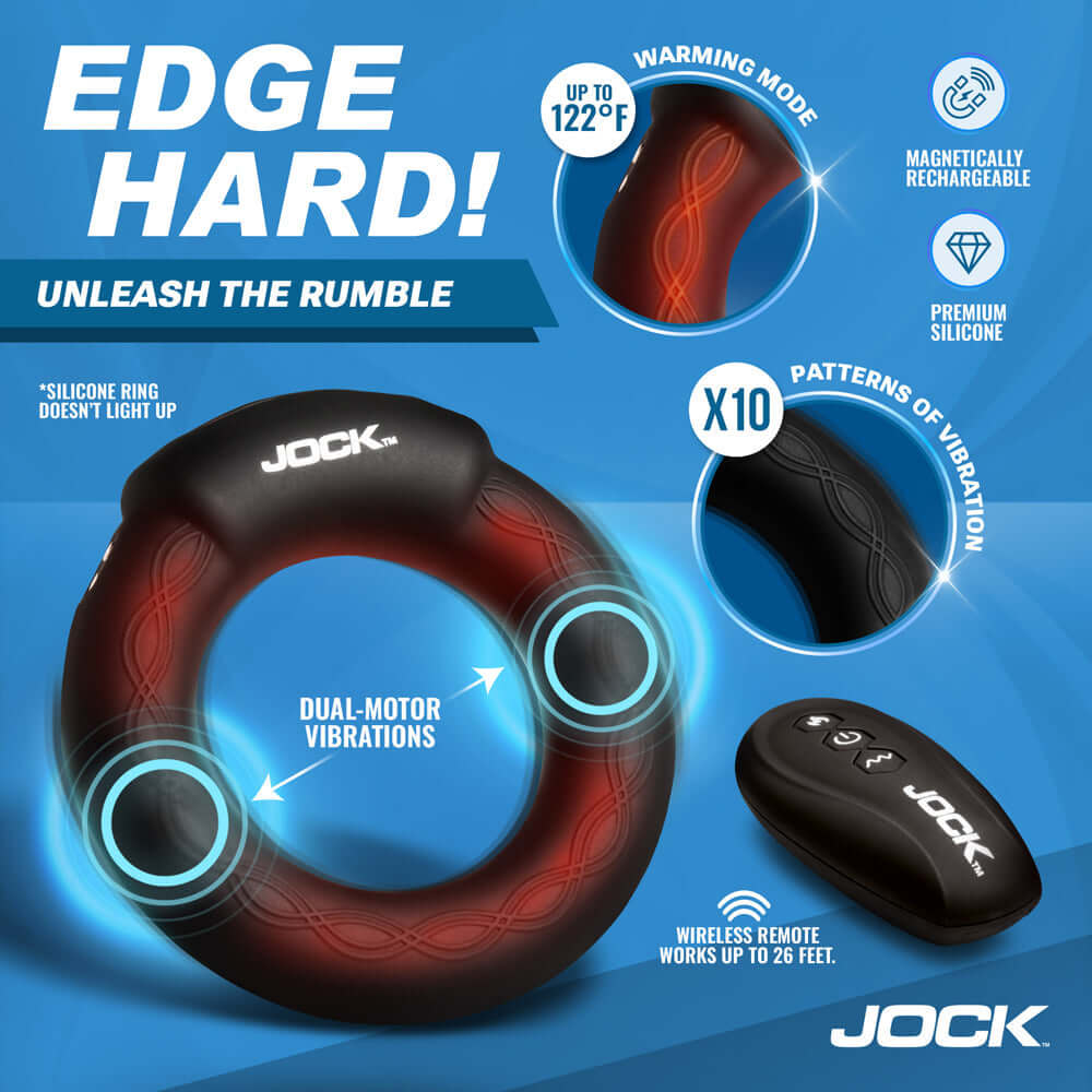 JOCK Rumbler 1.8 inch Vibrating & Warming C-Ring with warming mode and remote control features.