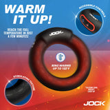 JOCK Rumbler 1.8 inch Vibrating & Warming C-Ring with features highlighting warming and stimulation.