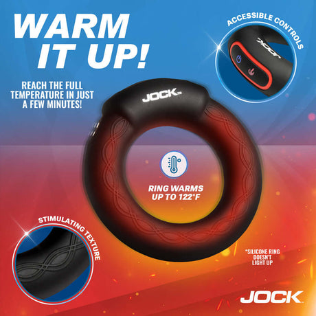 JOCK Rumbler 1.8 inch Vibrating & Warming C-Ring with features highlighting warming and stimulation.
