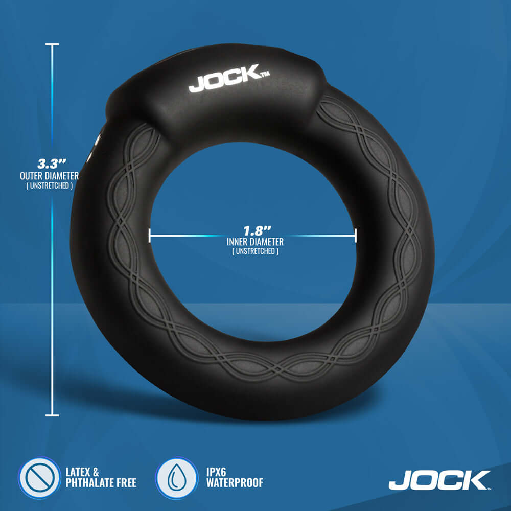 JOCK Rumbler 1.8 inch Vibrating & Warming C-Ring dimensions illustrated on a blue background, showcasing sizes and waterproof features.