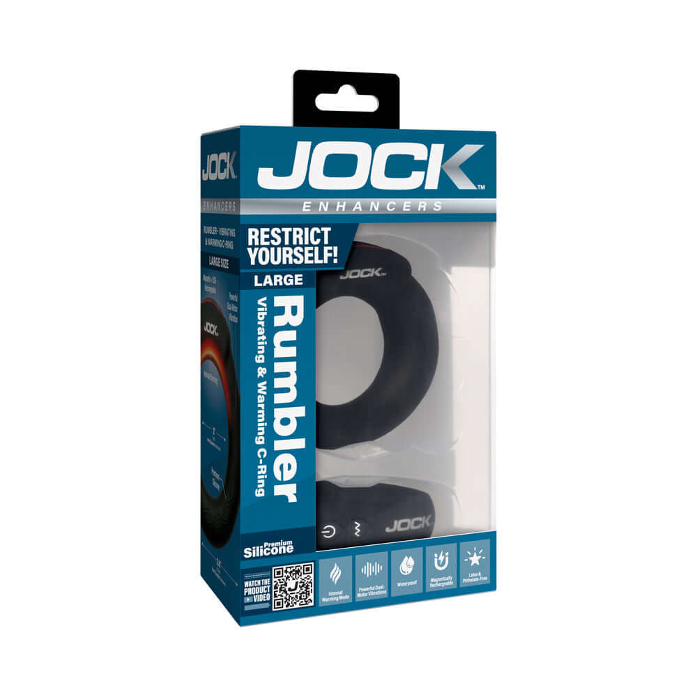 JOCK Rumbler 2 inch Vibrating & Warming C-Ring in packaging showcasing features and design.