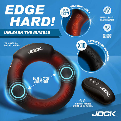 JOCK Rumbler 2 inch Vibrating & Warming C-Ring with features like warming mode, dual-motor vibrations, and wireless remote.