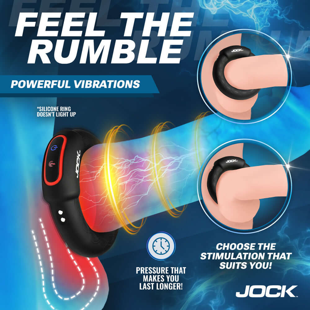JOCK Rumbler 2 inch Vibrating & Warming C-Ring showcasing powerful vibrations and stimulation options.