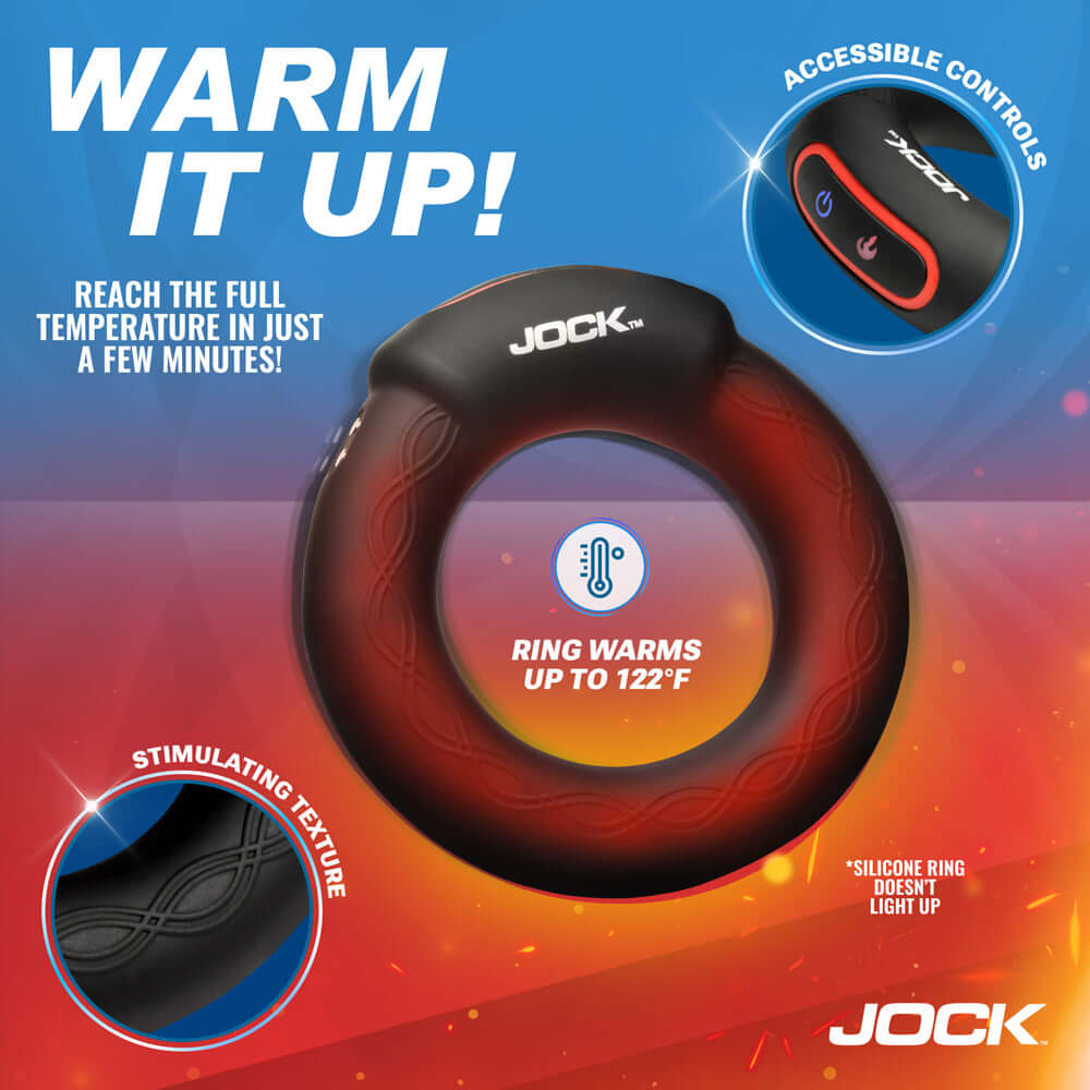 JOCK Rumbler 2 inch Vibrating & Warming C-Ring with warming function and accessible controls.