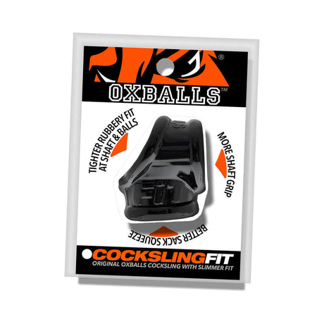 Oxballs Cocksling Fit Sling Black packaging featuring tighter rubbery fit for better shaft grip and support.