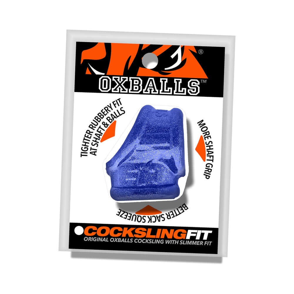 Oxballs Cocksling Fit Sling Blue Fire packaging featuring tighter rubbery fit and better shaft grip.