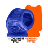 Oxballs Cocksling Fit Sling Blue Fire showing new slimmer design, 2 inches tall, next to original fit 2.3 inches tall.