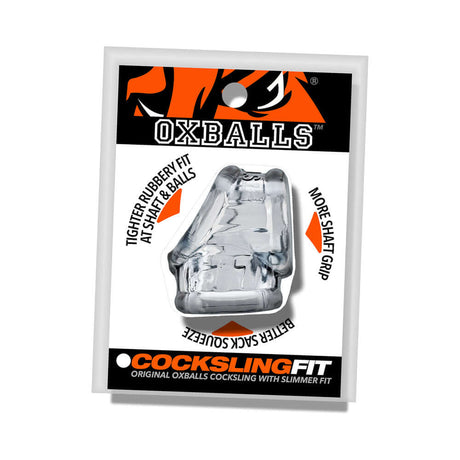 Oxballs Cocksling Fit Sling Clear packaging showcasing the product with a slimmer fit and improved grip.