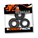 Oxballs Cockpack Multi Design 3-Pack Black Mica featuring three cock rings in a packaging.