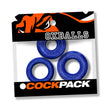 Oxballs Cockpack Multi Design 3-Pack Blue Fire featuring three blue cock rings in packaging.