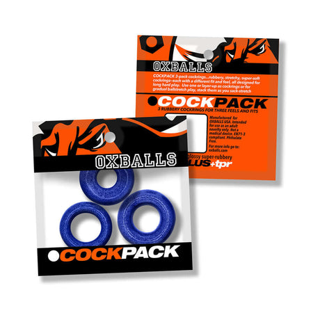 Oxballs Cockpack Multi Design 3-Pack Blue Fire packaging with three blue rubber cock rings.