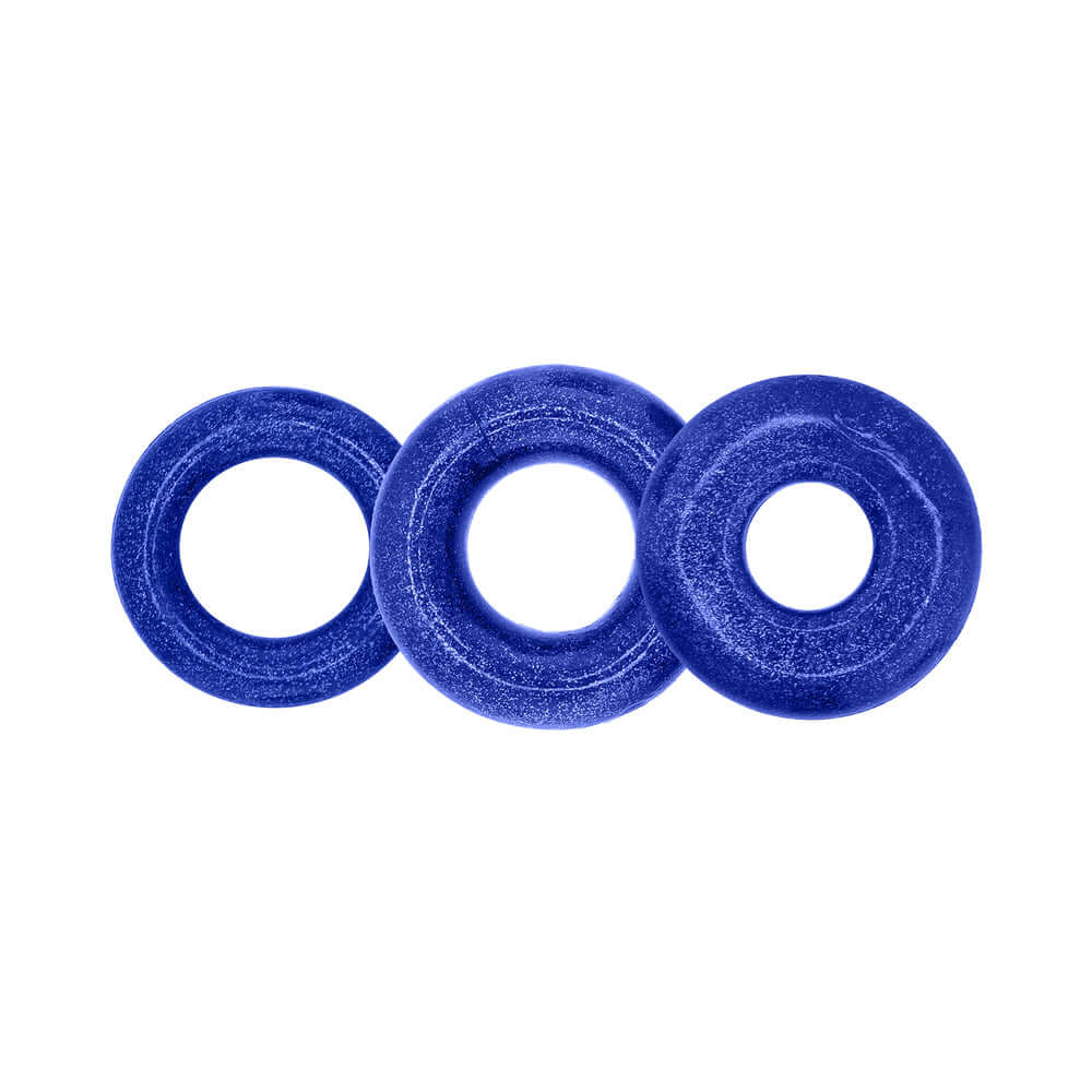 Oxballs Cockpack Multi Design 3-Pack Blue Fire includes three blue cock rings of different designs.