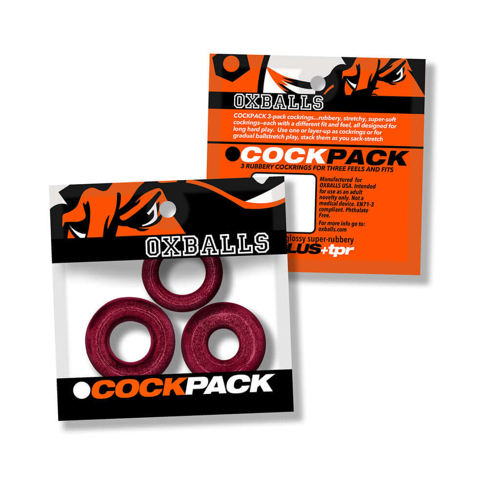 Oxballs Cockpack Multi Design 3-Pack Cherry Lips featuring three different cock rings in vibrant cherry color.