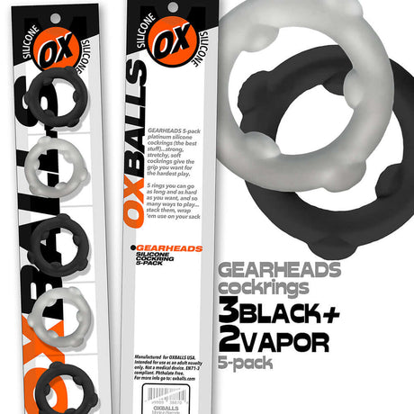 Oxballs Gearheads 5-Pack Spinner Rings Black Vapor, featuring silicone cock rings in black and vapor colors.
