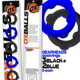 Oxballs Gearheads 5-Pack Spinner Rings Blue Black featuring three black and two blue silicone cock rings.