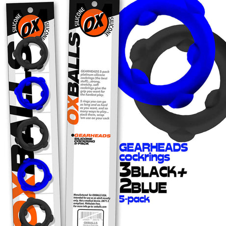 Oxballs Gearheads 5-Pack Spinner Rings Blue Black featuring three black and two blue silicone cock rings.