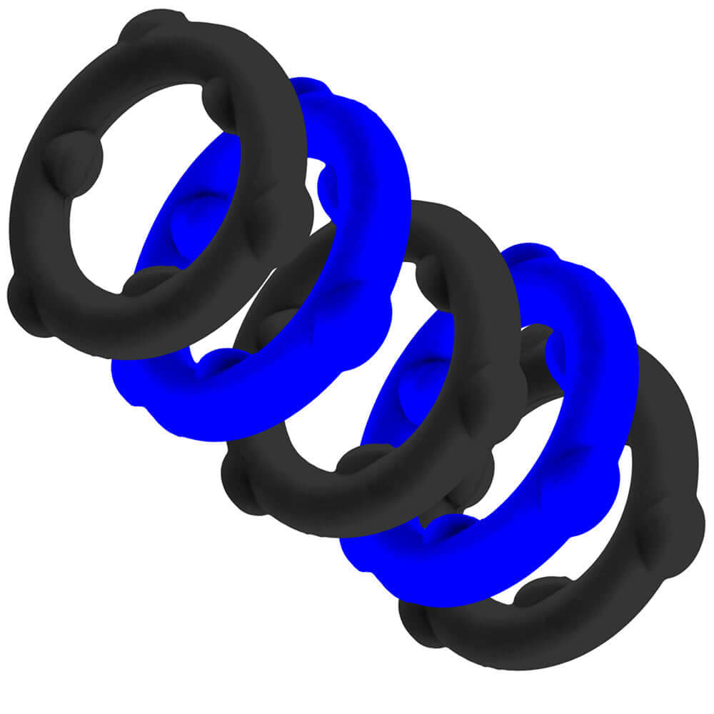 Oxballs Gearheads 5-Pack Spinner Rings Blue Black showing a set of durable ultra-stretch cock rings in blue and black.