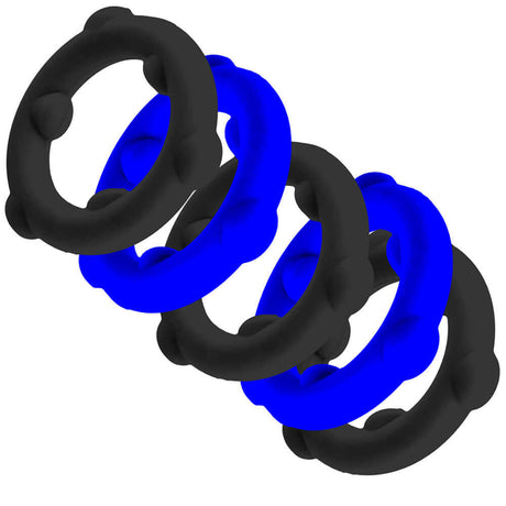 Oxballs Gearheads 5-Pack Spinner Rings Blue Black showing a set of durable ultra-stretch cock rings in blue and black.