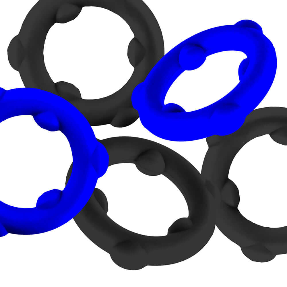 Oxballs Gearheads 5-Pack Spinner Rings Blue Black set of five durable cock rings in blue and black