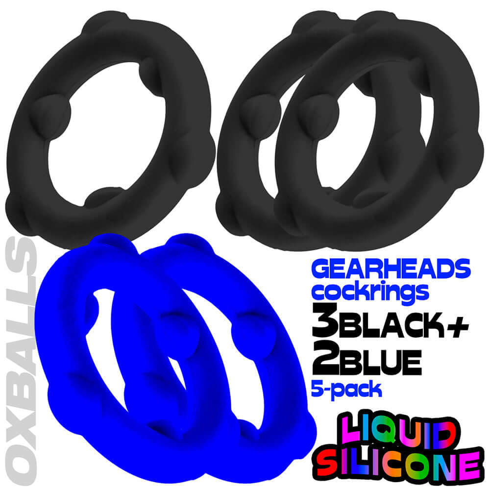 Oxballs Gearheads 5-Pack Spinner Rings Blue Black showcasing three black and two blue silicone cock rings.