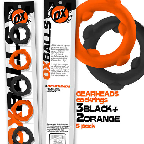 Oxballs Gearheads 5-Pack Spinner Rings Orange Black packaging featuring slim-profile silicone cock rings.