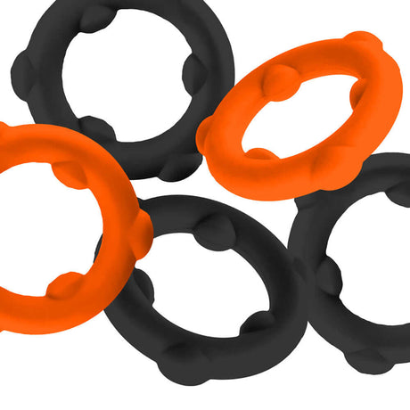 Oxballs Gearheads 5-Pack Spinner Rings Orange Black, durable ultra-stretch cock rings in orange and black color.