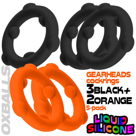 Oxballs Gearheads 5-Pack Spinner Rings Orange Black featuring three black rings and two orange rings made from liquid silicone.