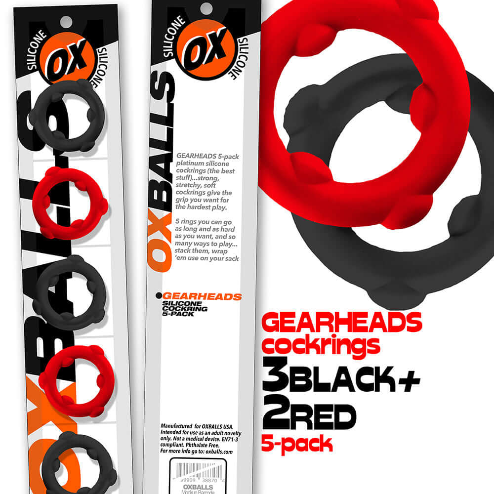 Oxballs Gearheads 5-Pack Spinner Rings Red Black featuring three black and two red cock rings in a stylish package.