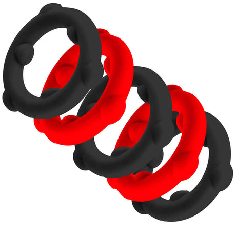 Oxballs Gearheads 5-Pack Spinner Rings Red Black showing five durable and versatile cock rings in red and black colors.