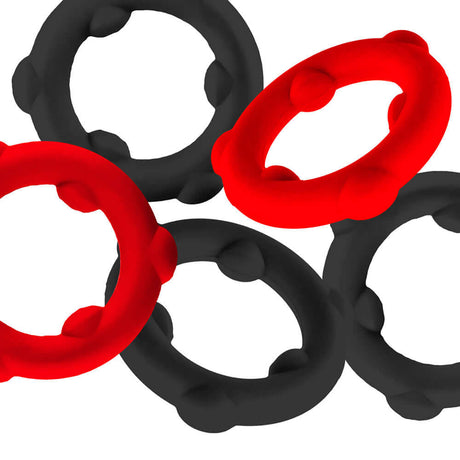 Oxballs Gearheads 5-Pack Spinner Rings Red Black, featuring five durable ultra-stretch cock rings in red and black.