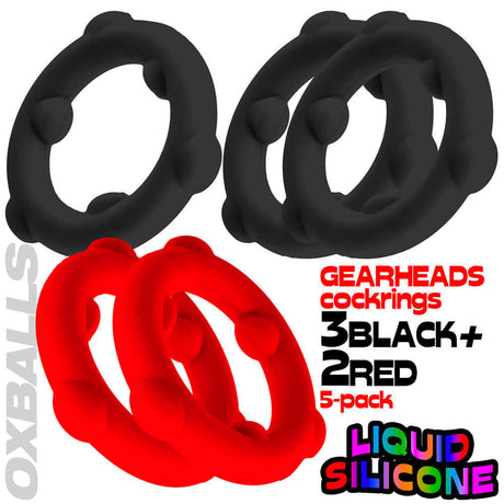 Oxballs Gearheads 5-Pack Spinner Rings Red Black - set of three black and two red silicone cock rings.