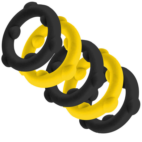 Oxballs Gearheads 5-Pack Spinner Rings Yellow Black showing ultra-stretch rings in yellow and black colors.