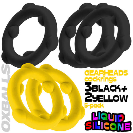 Oxballs Gearheads 5-Pack Spinner Rings Yellow Black featuring 3 black and 2 yellow liquid silicone cock rings.