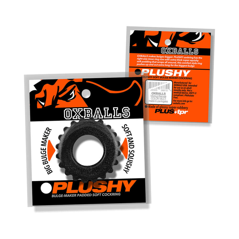 Oxballs Plushy Single Ring Black Mica cock ring packaging featuring soft and squishy material.