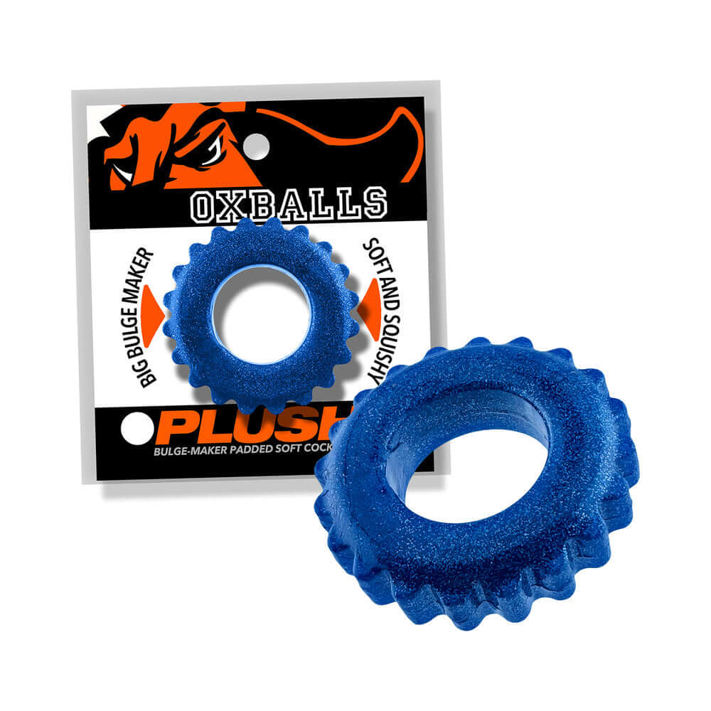 Oxballs Plushy Single Ring Blue Fire displayed with packaging, featuring a soft, flexible design for comfort and support.