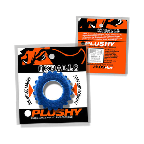 Oxballs Plushy Single Ring Blue Fire packaging featuring a soft, comfort-focused cock ring, designed for flexible support.