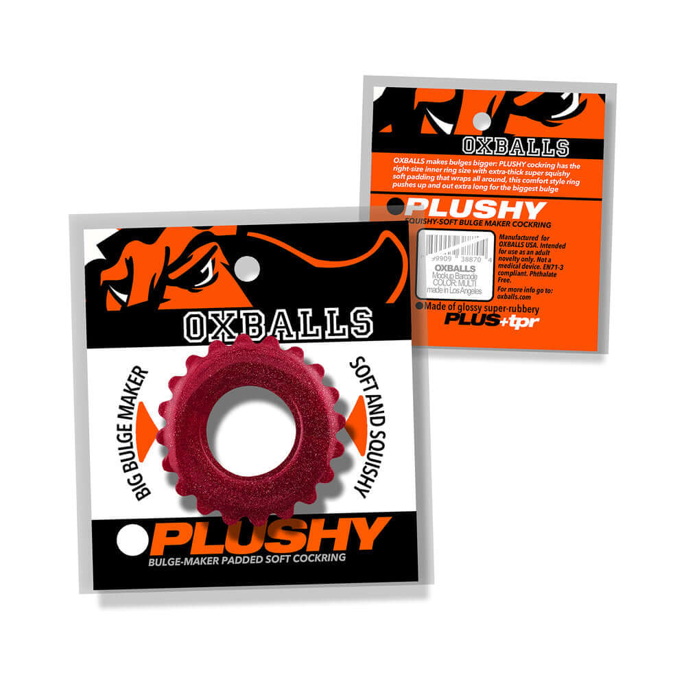Oxballs Plushy Single Ring Cherry Lips packaged product showing ultra-soft comfort cock ring in red color.