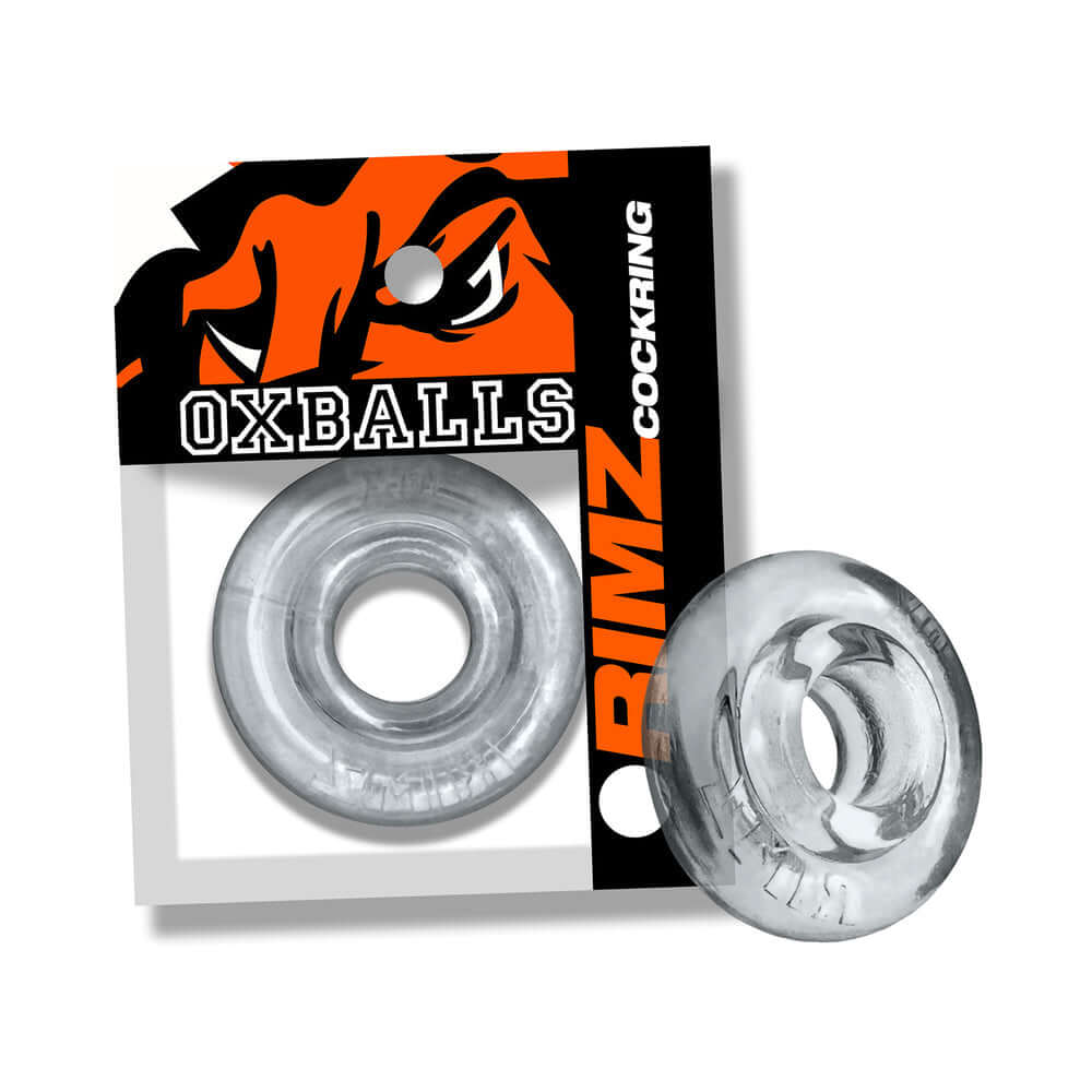 Oxballs Rimz Single Ring Clear cock ring package showcasing flexible, comfort-fit design and cushioned grip.