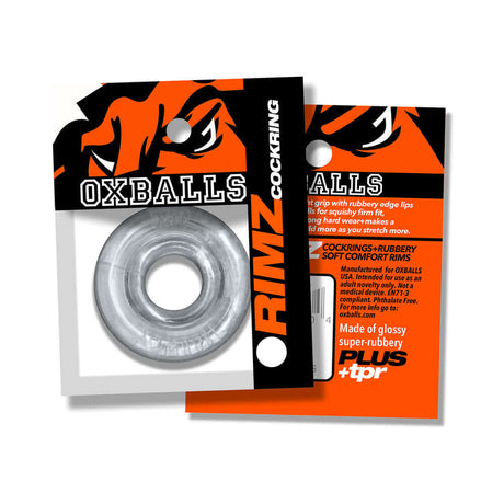 Oxballs Rimz Single Ring Clear packaging showcasing a flexible comfort-fit cock ring with rubbery edges for secure support.