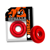 Oxballs Rimz Single Ring Red cock ring on packaging, showcasing flexible design and comfort-fit features.